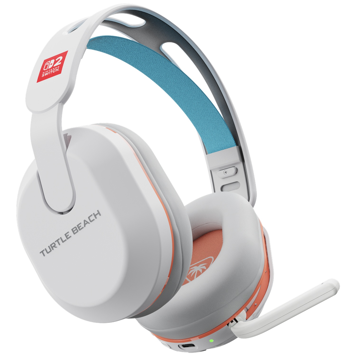 Casque blanc Turtle Beach avec logo Nintendo Switch 2 et accents orange.