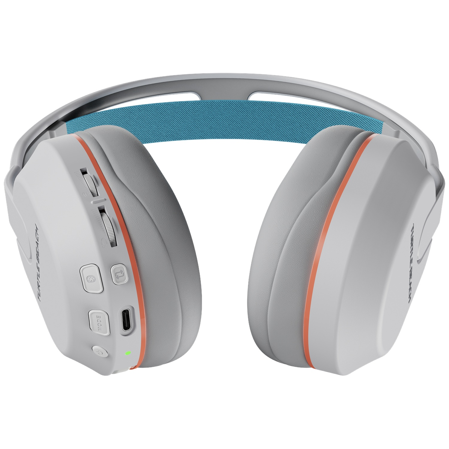 Casque gris Turtle Beach avec bordure orange et détail bleu.