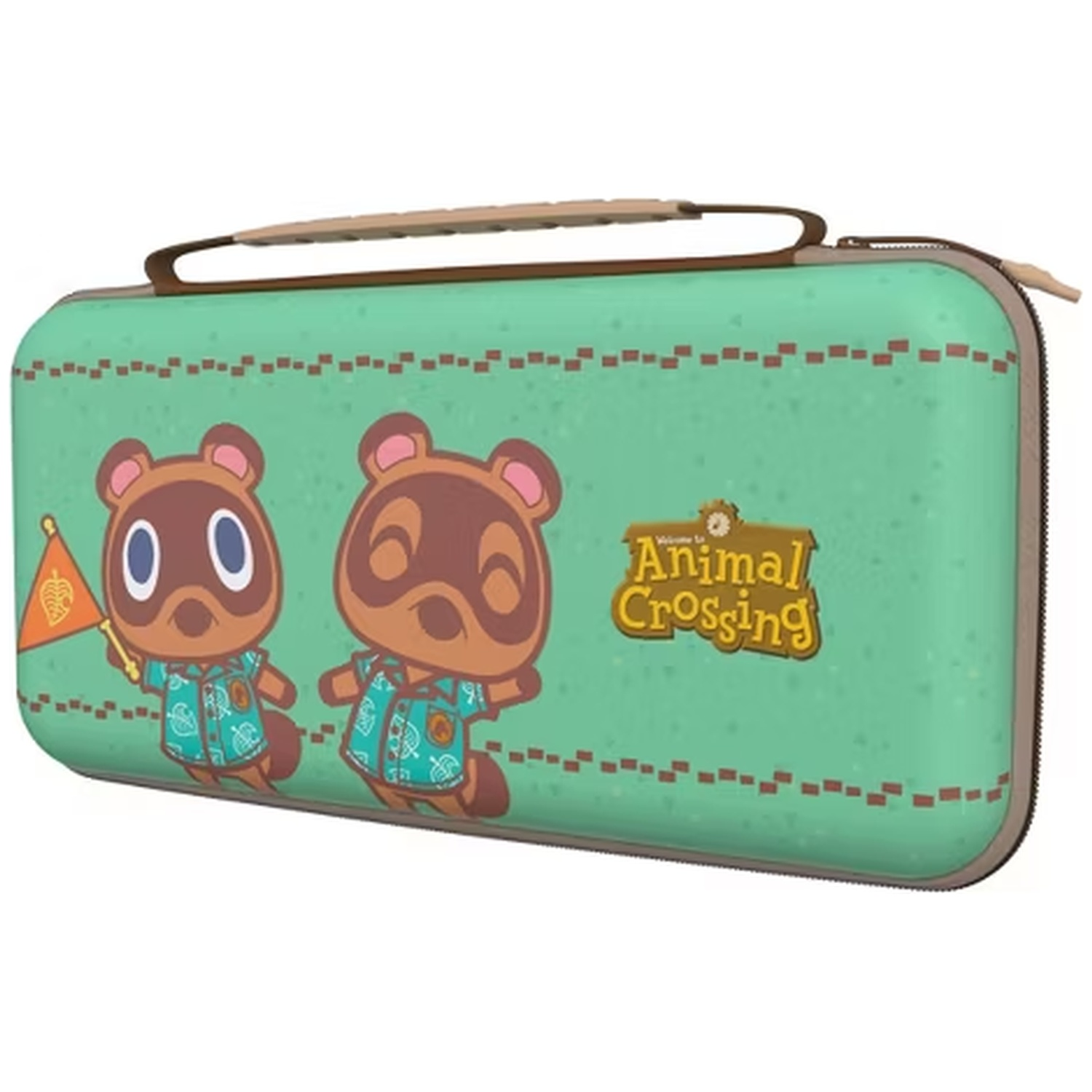 Étui vert avec Tom Nook et Timmy d'Animal Crossing tenant un drapeau.
