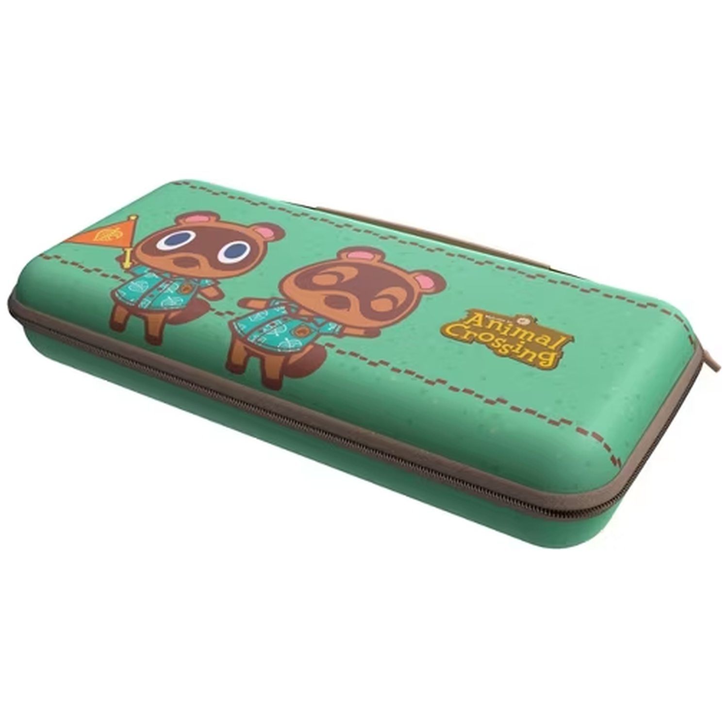 Étui vert Nintendo Switch avec Tom Nook et Timmy d'Animal Crossing.