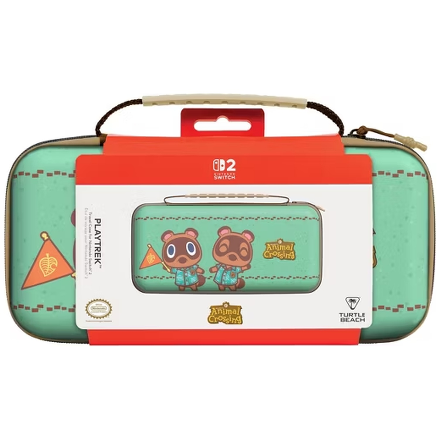 Une housse verte pour Nintendo Switch avec Tom Nook et Timmy/Tommy d'Animal Crossing.