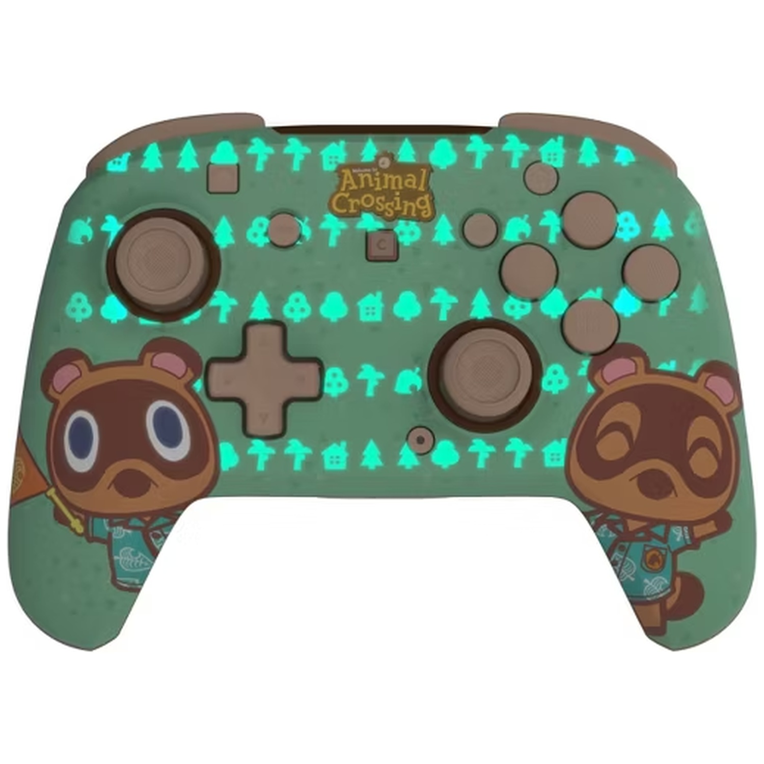 Green controller with Tom Nook and Animal Crossing designs, glowing.
