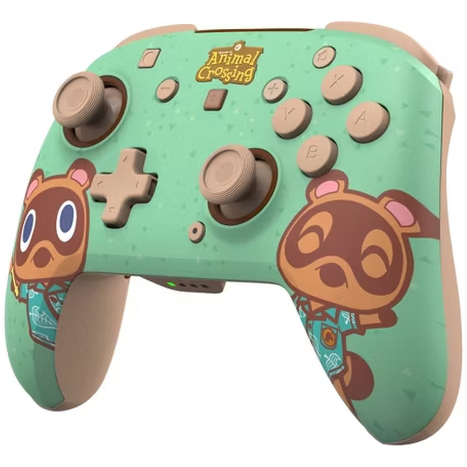 A green Nintendo Switch Pro controller featuring Tom Nook artwork.