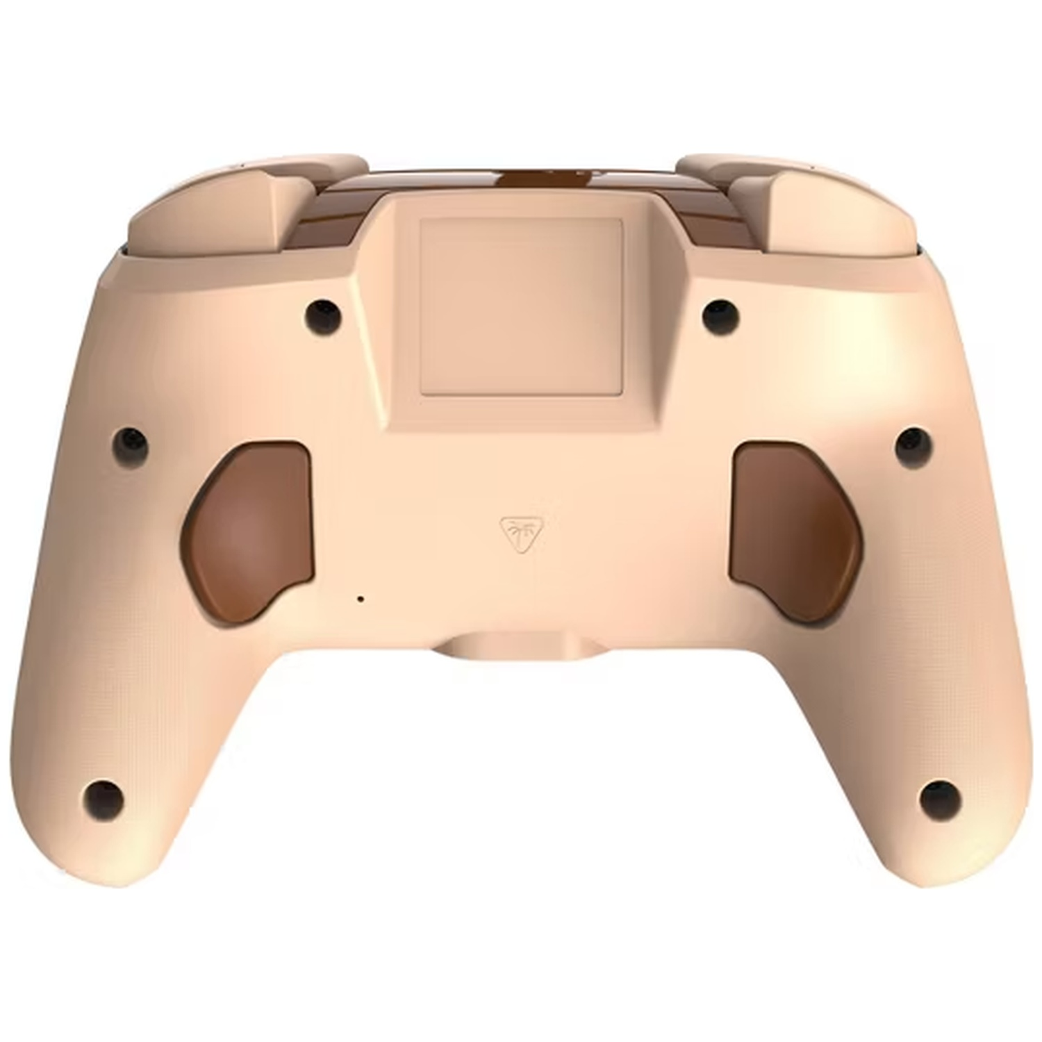 Back of a light brown controller with brown grips and a rectangular panel.