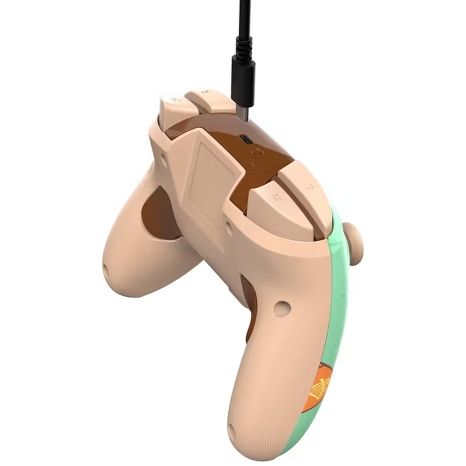 A light brown and mint green controller with a black cable hanging downwards.