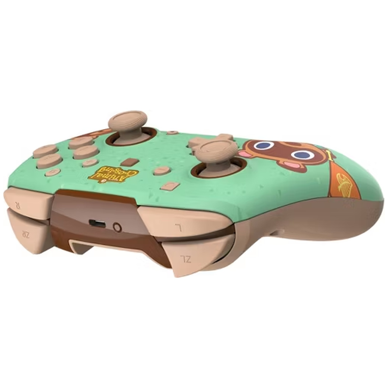 A green Animal Crossing controller with a character design and brown accents.
