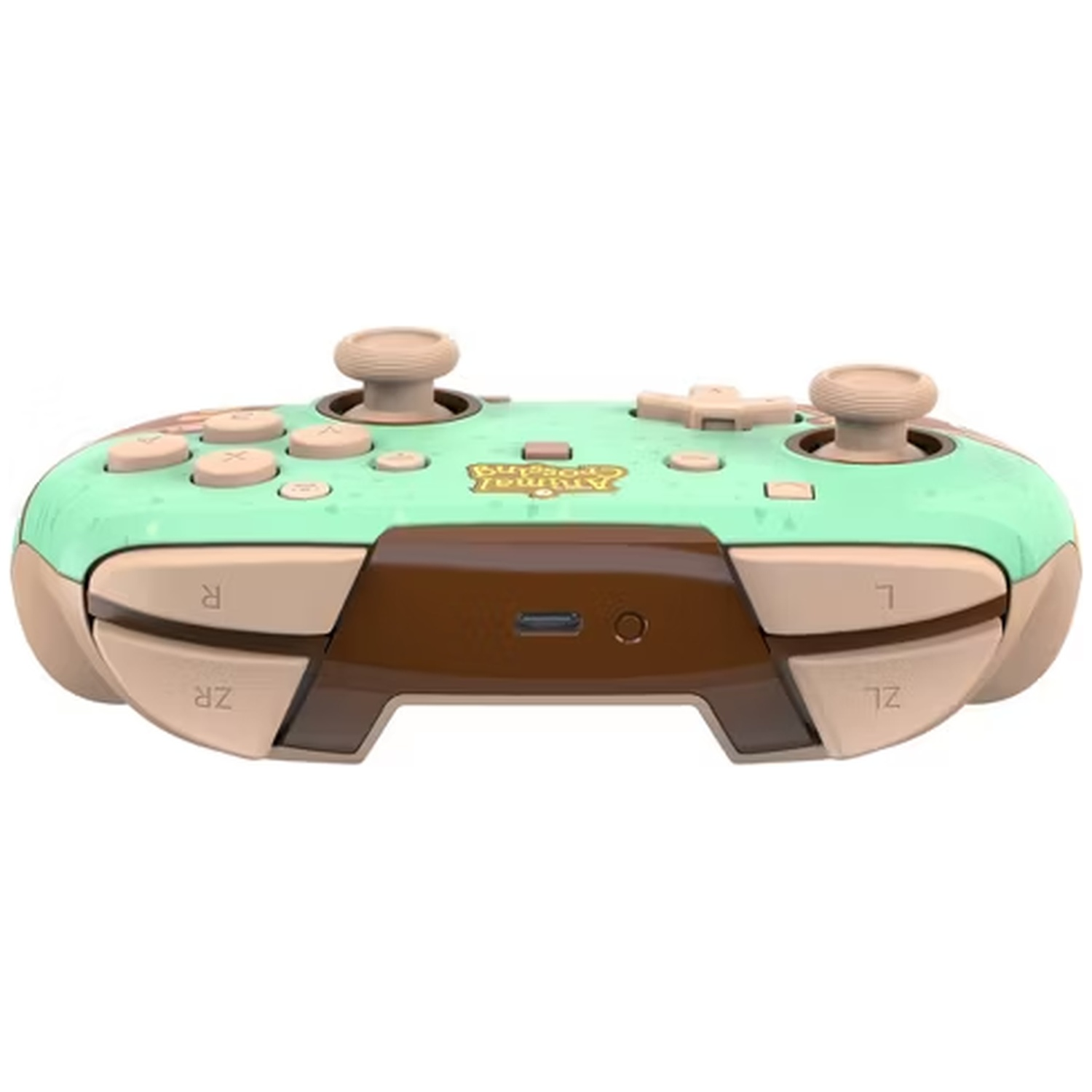 A mint green controller with brown accents and an Animal Crossing logo.