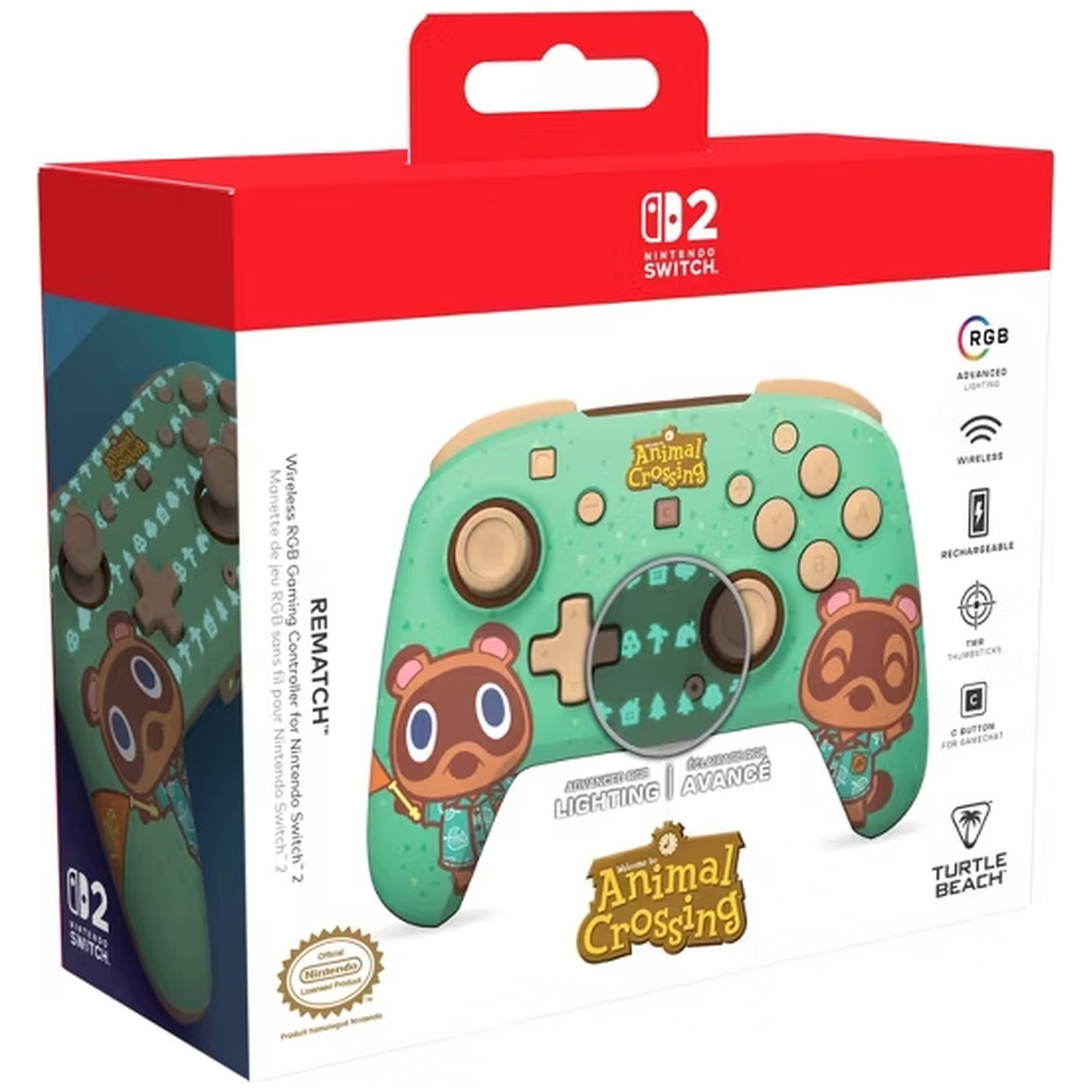 Box of a green Nintendo Switch controller featuring Animal Crossing and Tom Nook.
