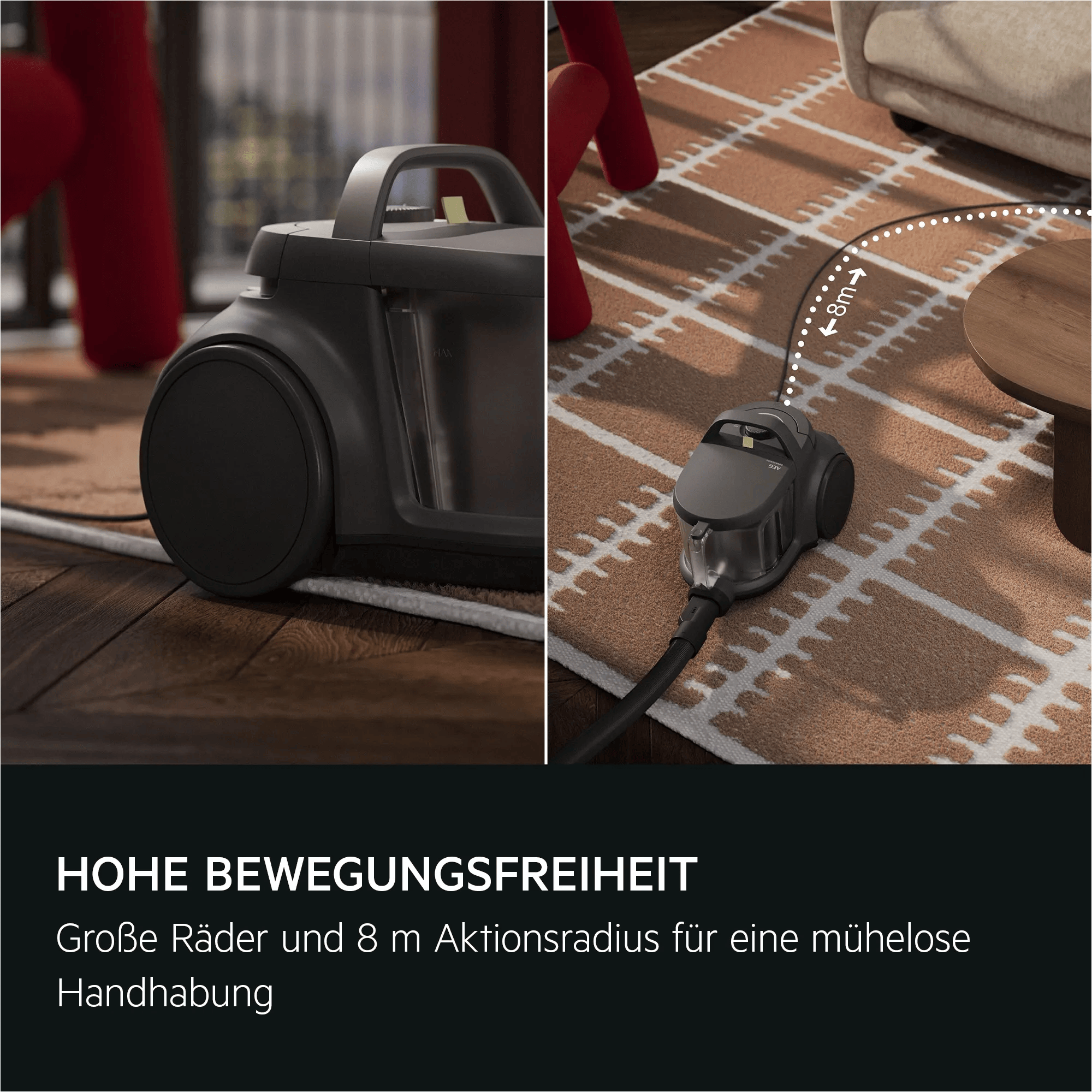 Dunkelgrauer Staubsauger auf Parkett und Teppich, mit 8m Aktionsradius.
