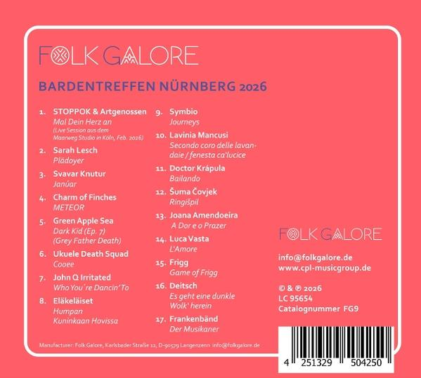 Rückseite eines Albums mit Songliste für Folk Galore Bardentreffen Nürnberg 2026.