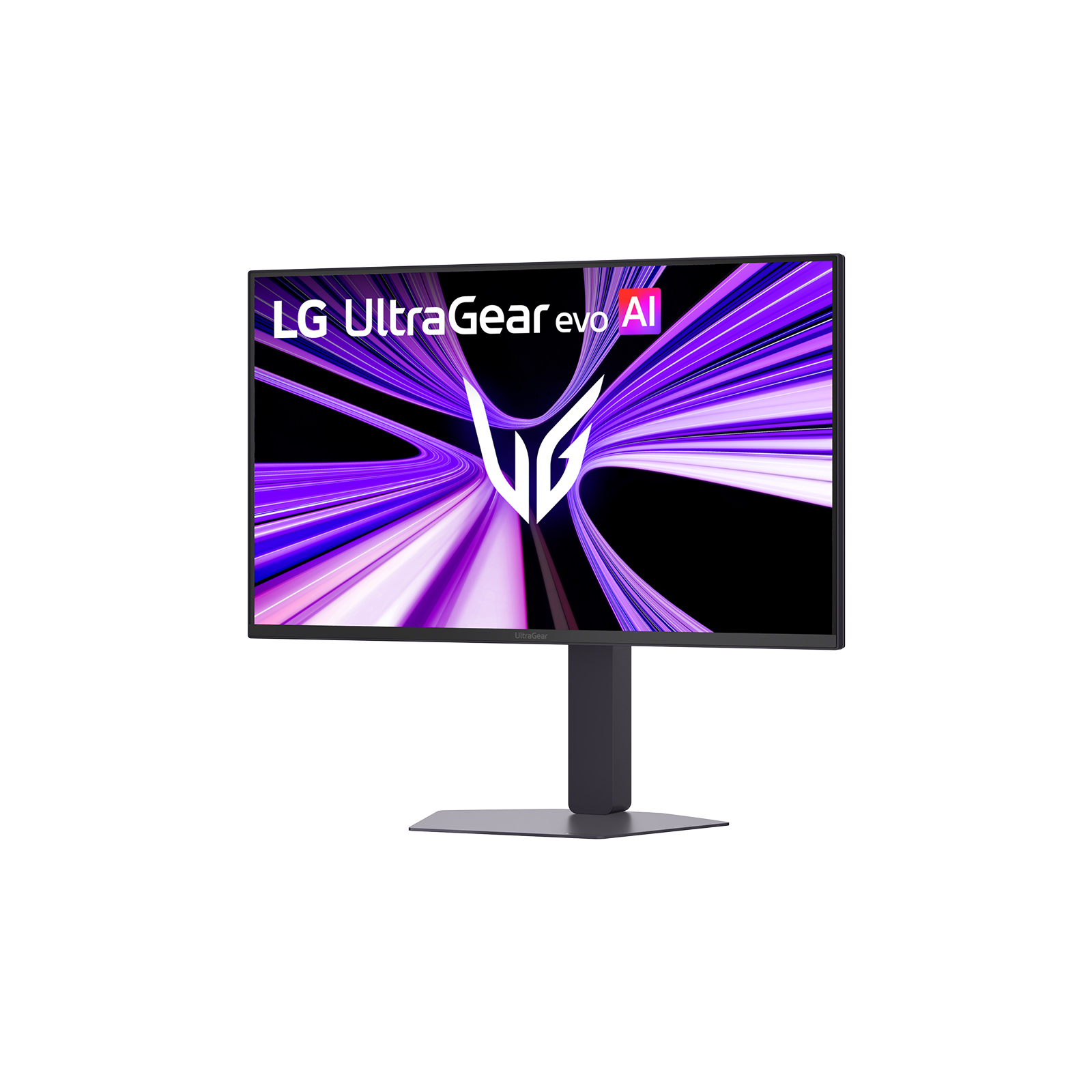 Ein LG UltraGear Gaming-Monitor mit einem lila und weißen Muster auf dem Bildschirm und einem dunklen Ständer.