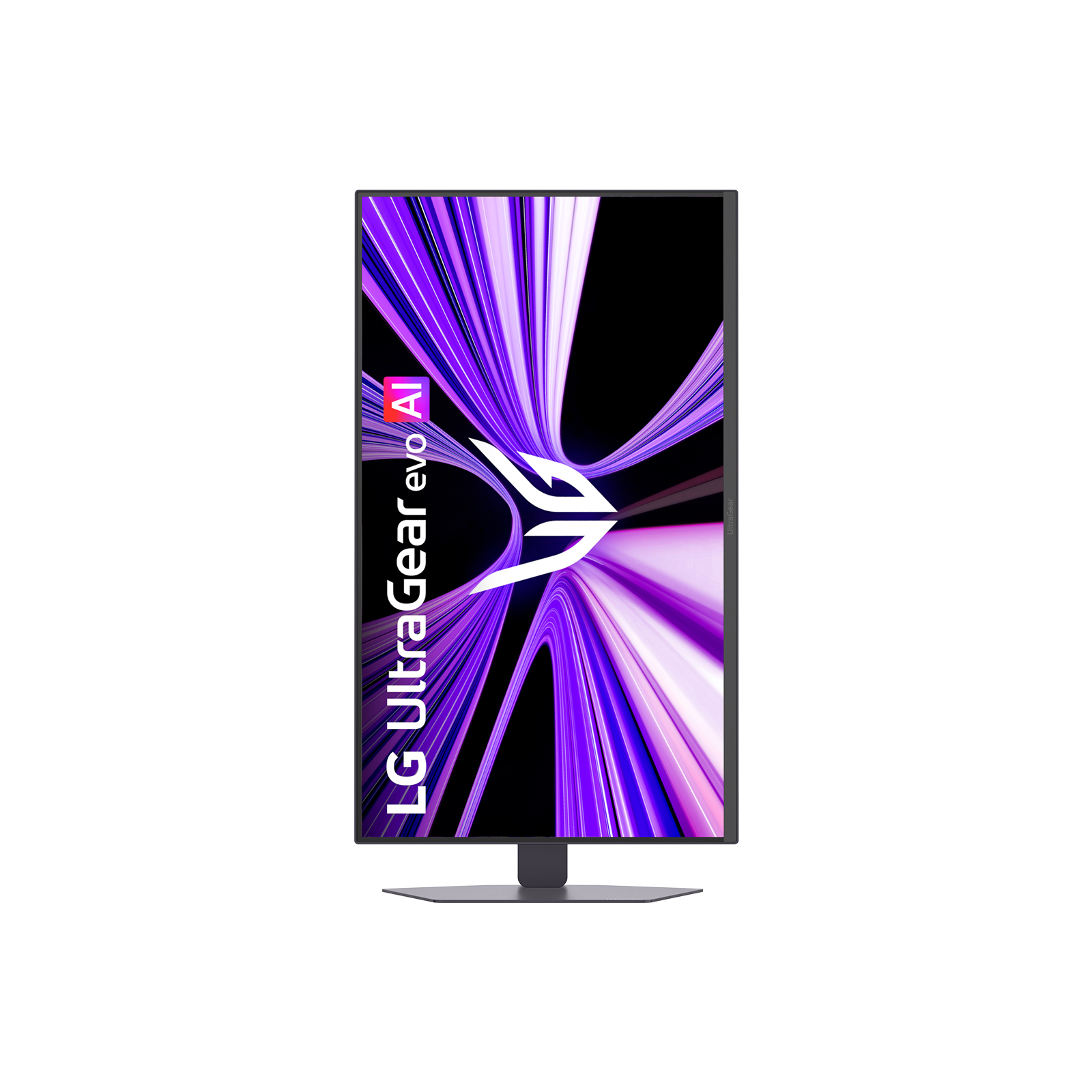 LG UltraGear Monitor mit lila Streifen und Logo auf dem Bildschirm.