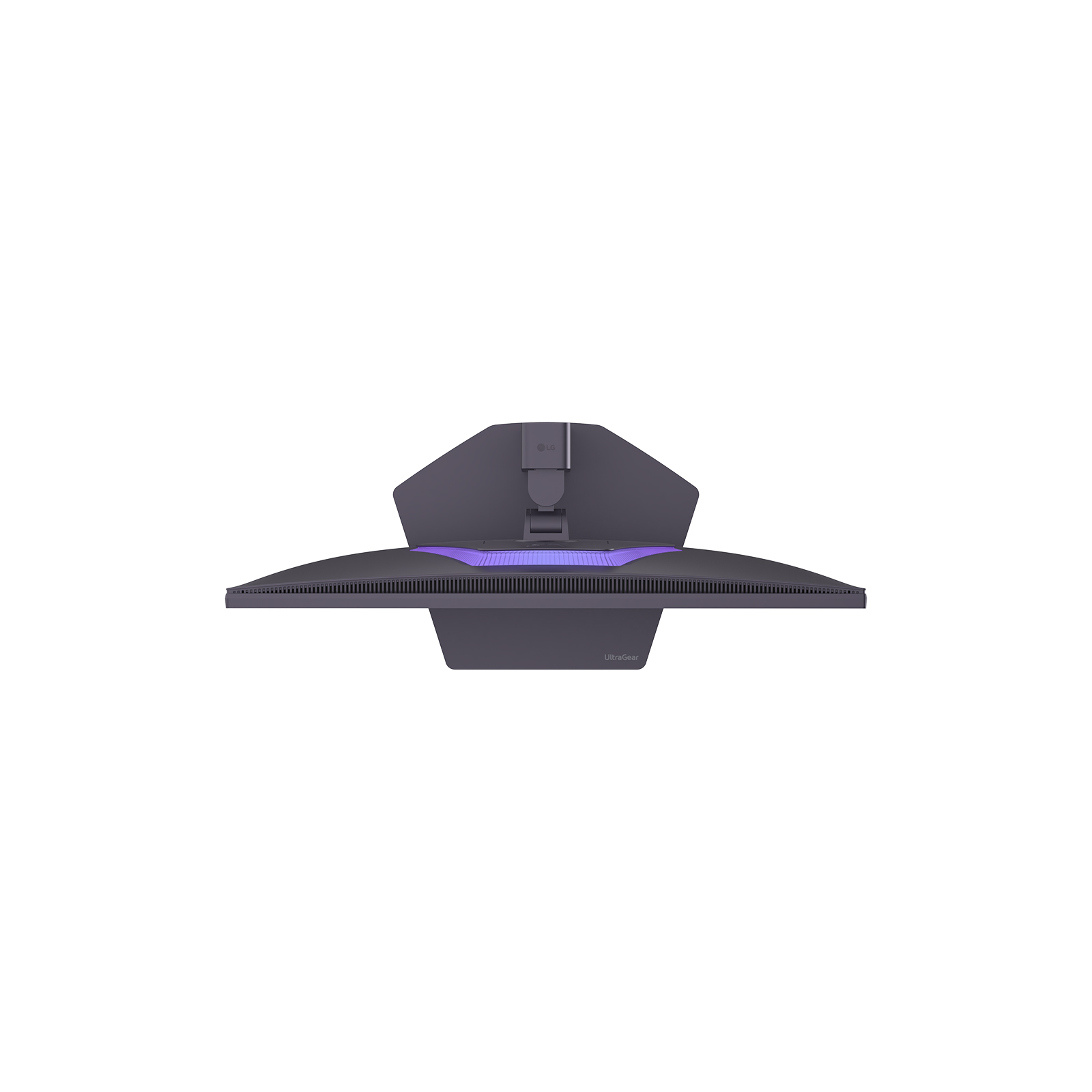 Ein dunkler Monitorständer mit lila Hintergrundbeleuchtung und dem LG-Logo.