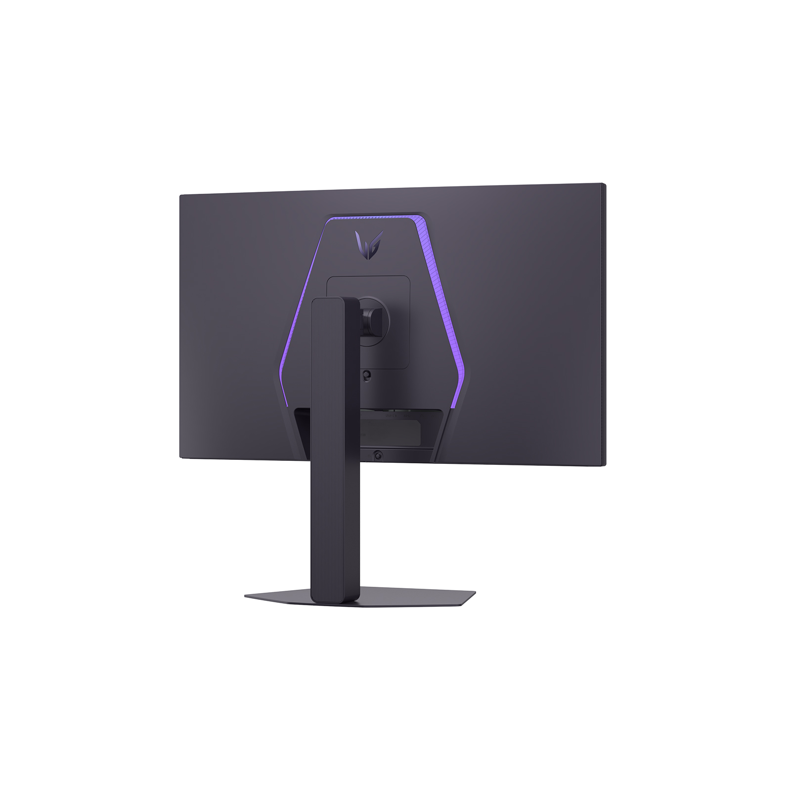 Rückseite eines dunklen Monitors mit lilafarbener Beleuchtung und einem Ständer.
