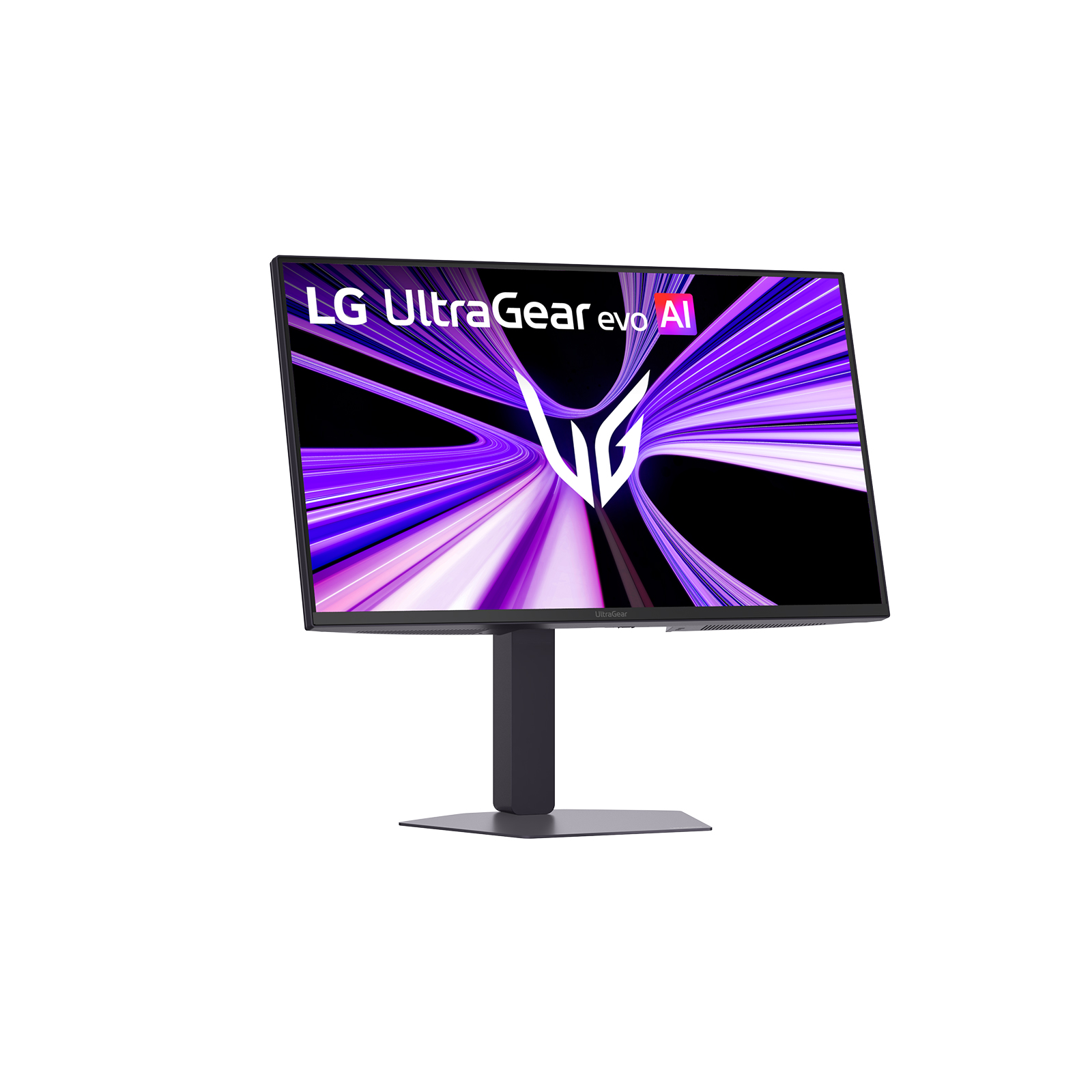 Ein LG UltraGear Gaming-Monitor mit einem stilisierten lila Muster auf dem Bildschirm.
