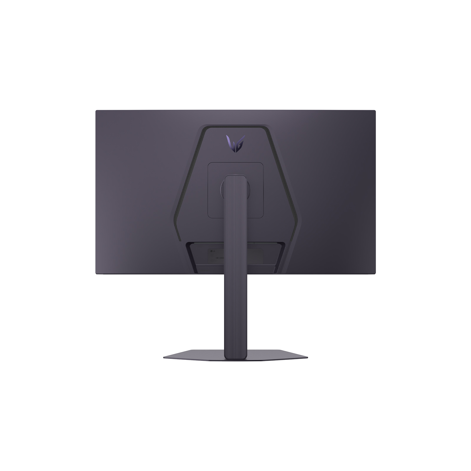 Rückseite eines Monitors mit dunklem Gehäuse, einem V-förmigen Logo und einem Ständer.
