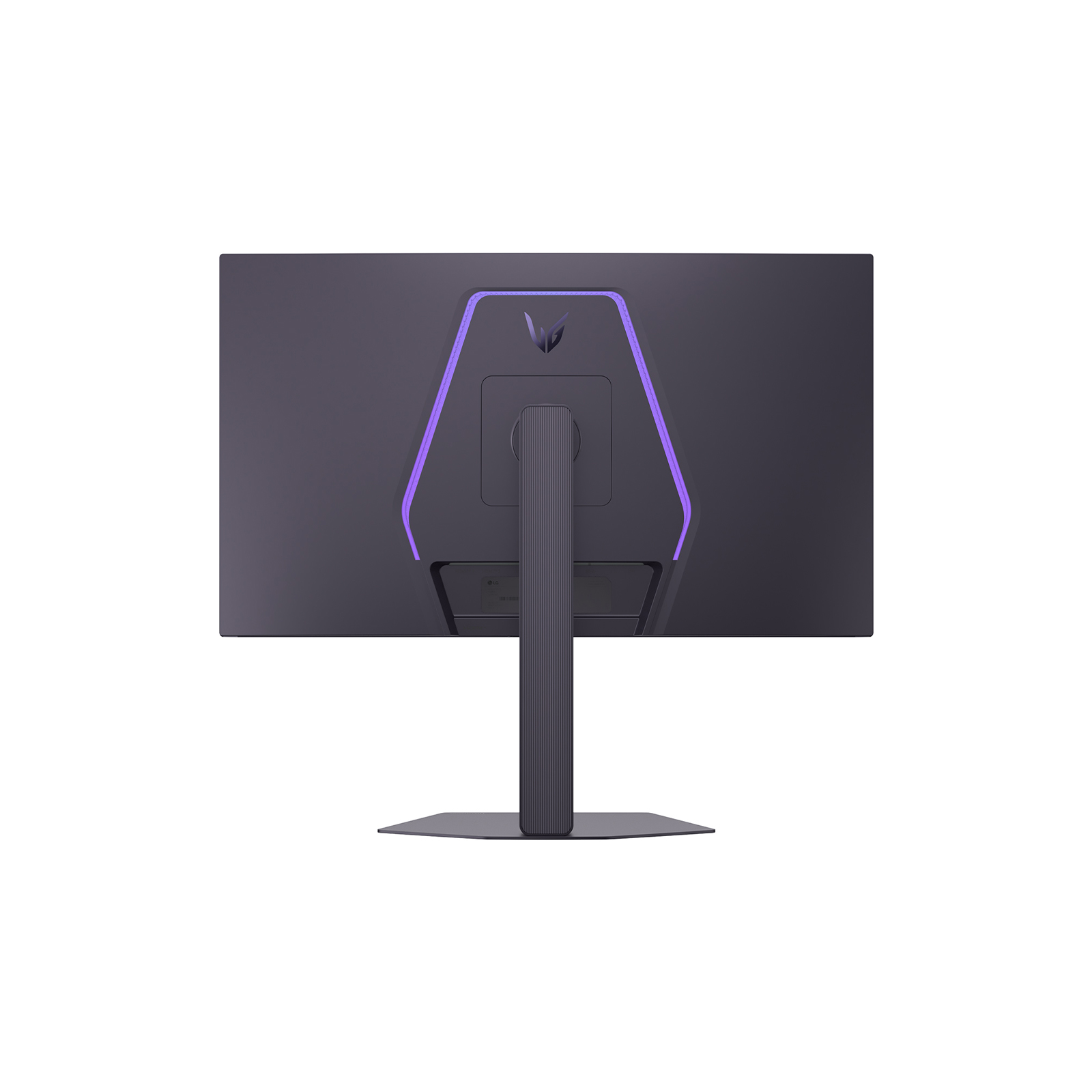 Rückseite eines Monitors mit RGB-Beleuchtung und einem Standfuß.
