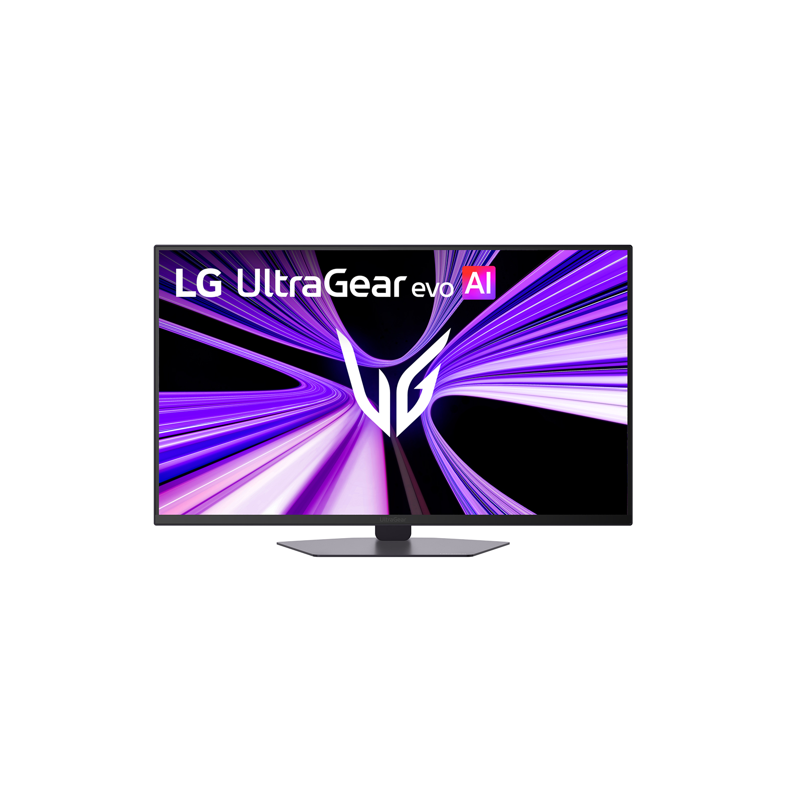 Ein LG UltraGear Gaming-Monitor mit einem stilisierten V-förmigen Logo auf einem violetten, abstrakten Hintergrund.