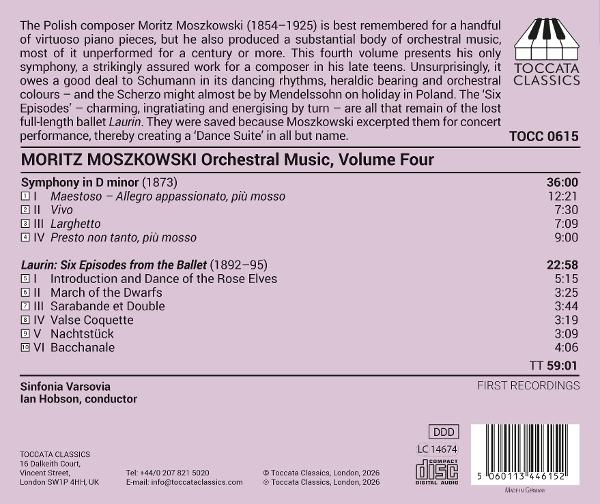 CD-Rückseite: Moritz Moszkowski Orchestral Music Vol. 4 mit Titeln und Laufzeiten.