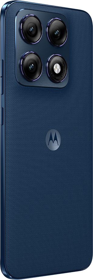 Sötétkék okostelefon négy kamerával és Motorola logóval.