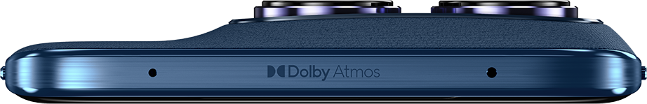 Sötétkék telefon Dolby Atmos logóval és két kamerával.