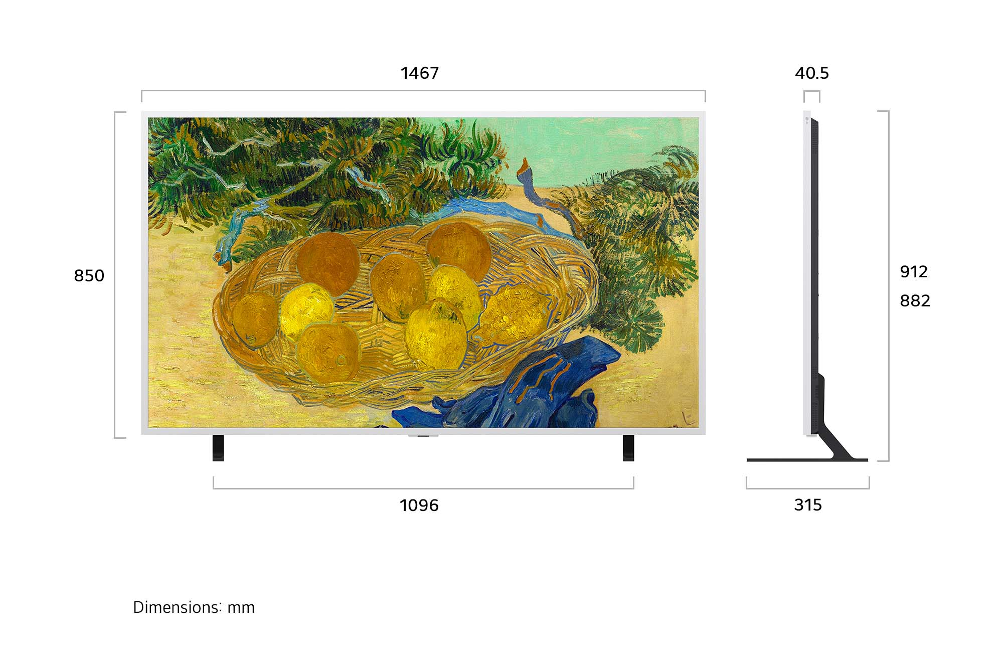Una TV moderna che mostra un dipinto in stile Van Gogh di un cesto di arance.
