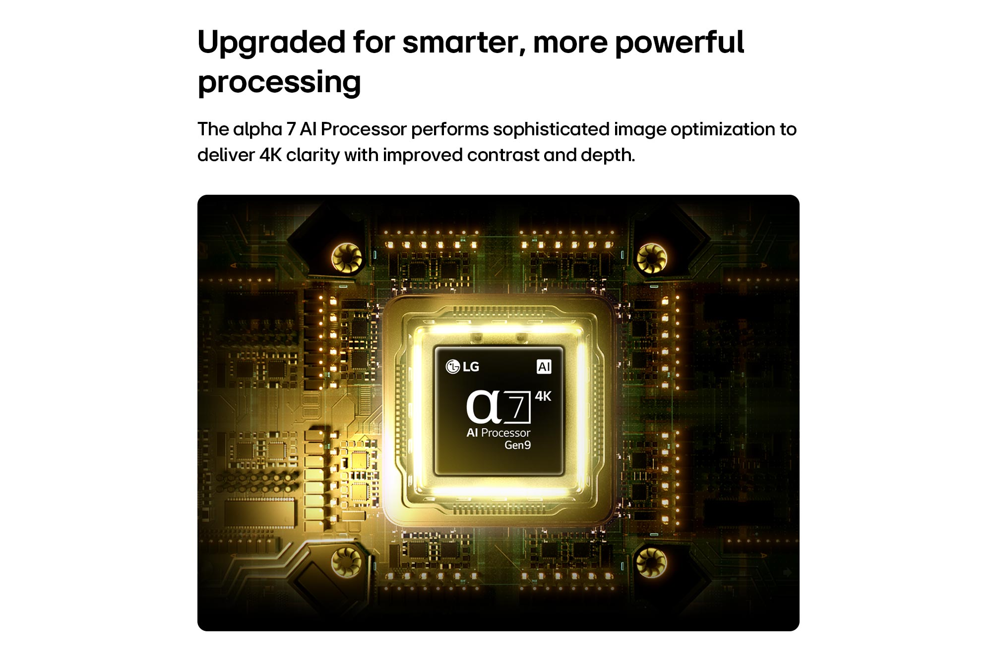 Un processore lucido "LG AI 4K" e "alpha 7 Gen9" su un circuito stampato.