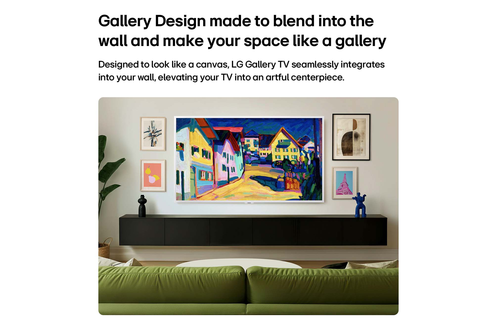 Un soggiorno con un TV LG Gallery presentato come un dipinto.