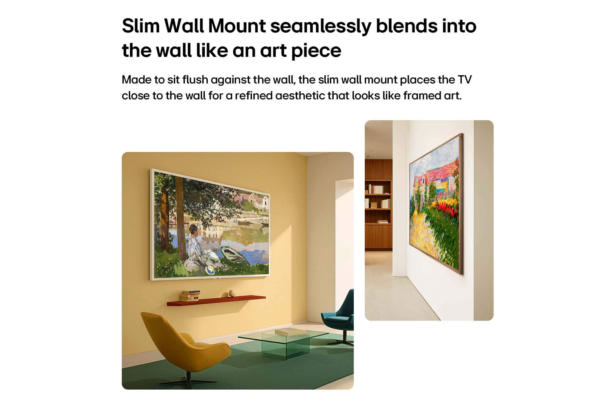 Due TV montati come opere d'arte. Uno con un paesaggio, uno con una scena di villaggio.
