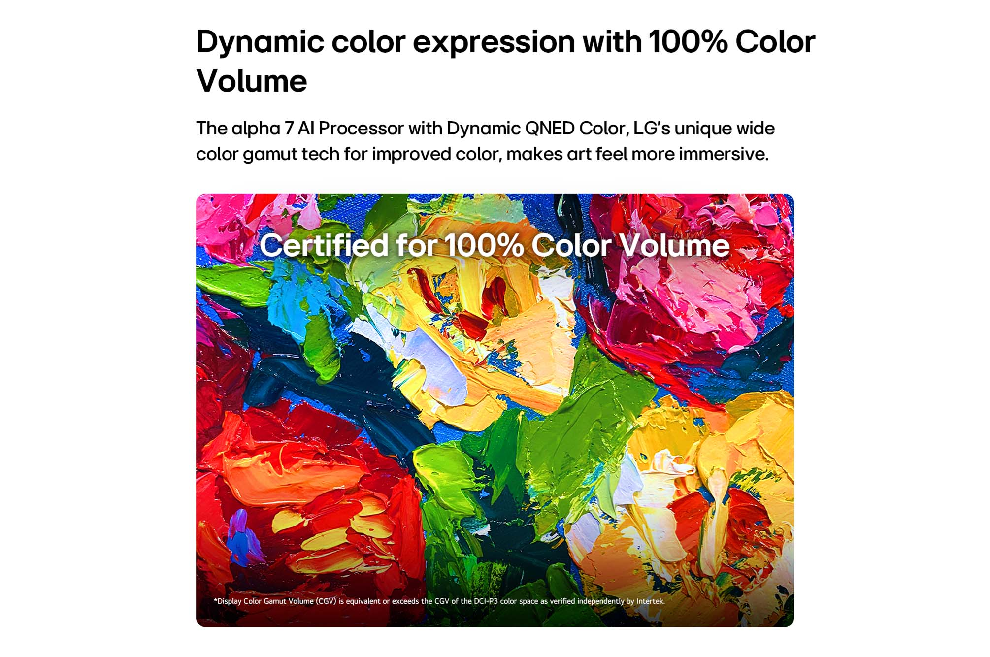Dipinto ad olio con colori vivaci: rosso, giallo, verde, blu. Testo: "Certified for 100% Color Volume".