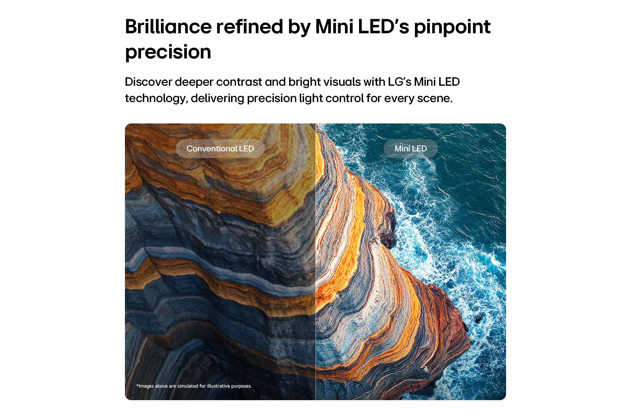 Confronto tra LED convenzionale e Mini LED su rocce marine.