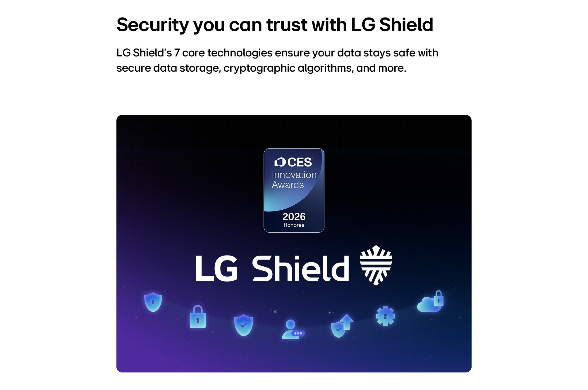 LG Shield con CES Innovation Award 2026. Icone per sicurezza e dati.
