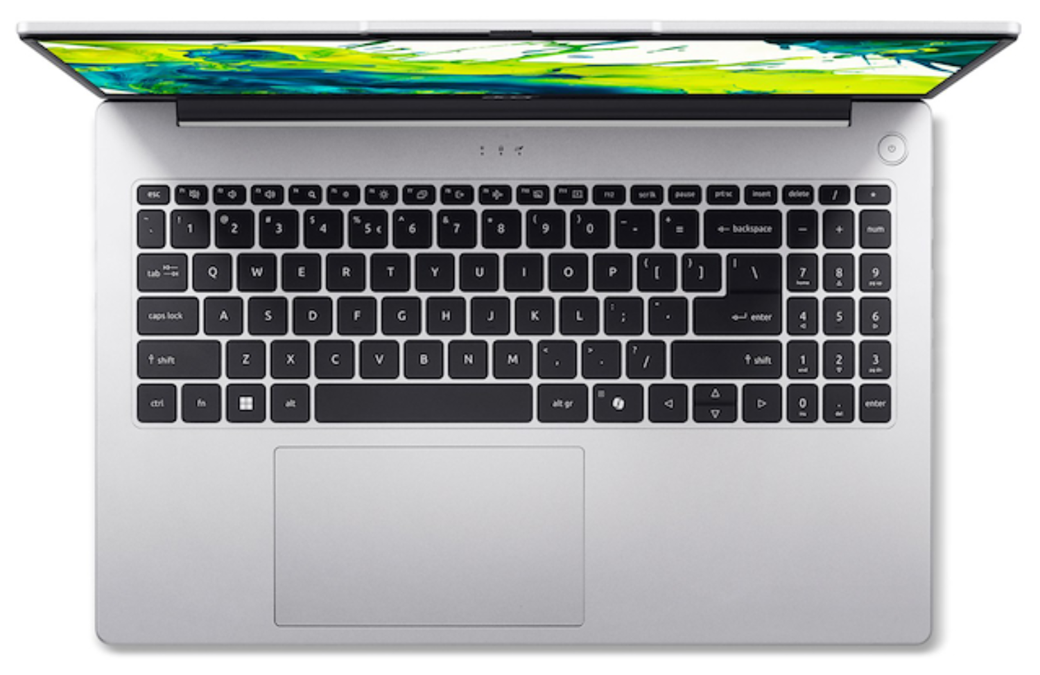 Portátil plateado desde arriba, con pantalla y teclado iluminados.