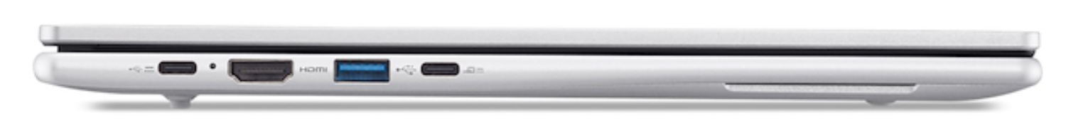 Vista lateral de portátil blanco con puertos USB-C, HDMI y USB-A.