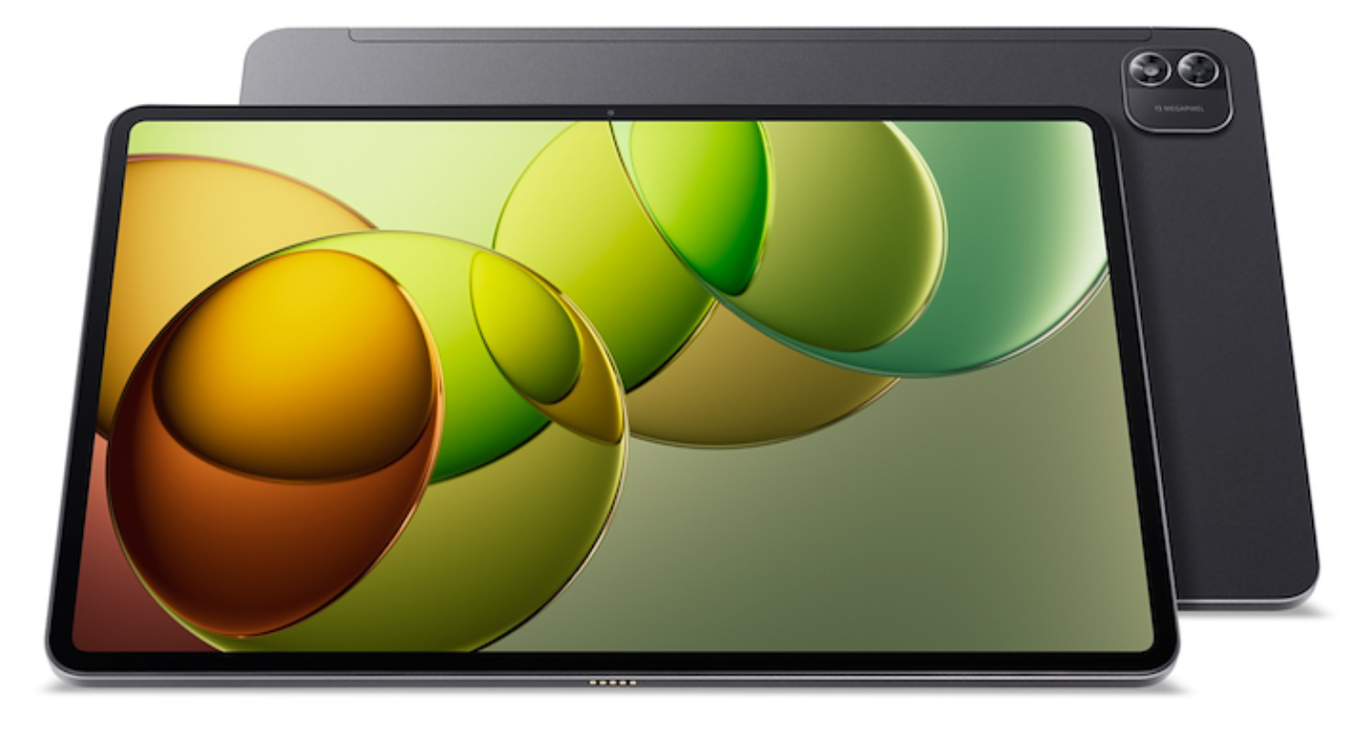Una tablet gris oscuro se muestra en ángulo, mostrando un fondo de pantalla abstracto y colorido.