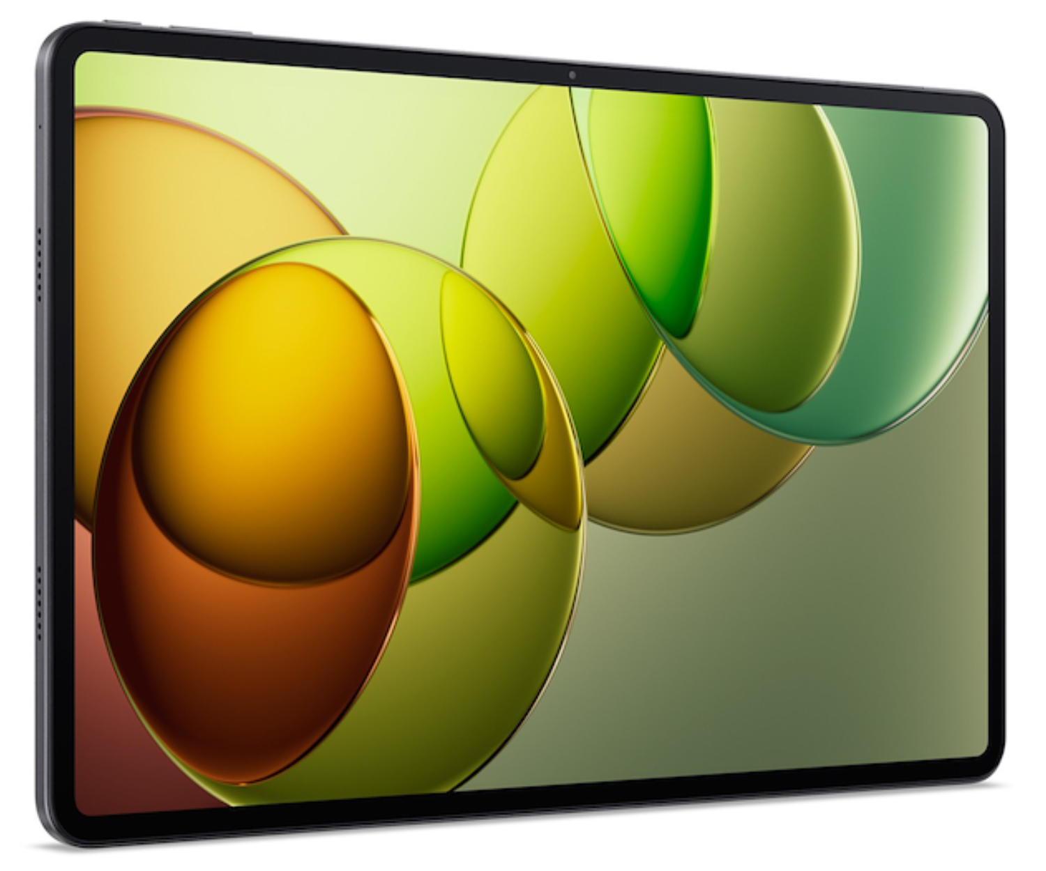 Una tableta que muestra un fondo abstracto y colorido con círculos superpuestos.