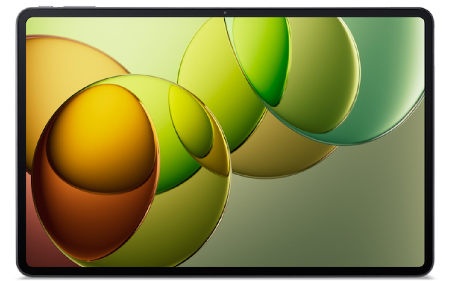Una tableta que muestra un fondo abstracto en tonos amarillos y verdes.