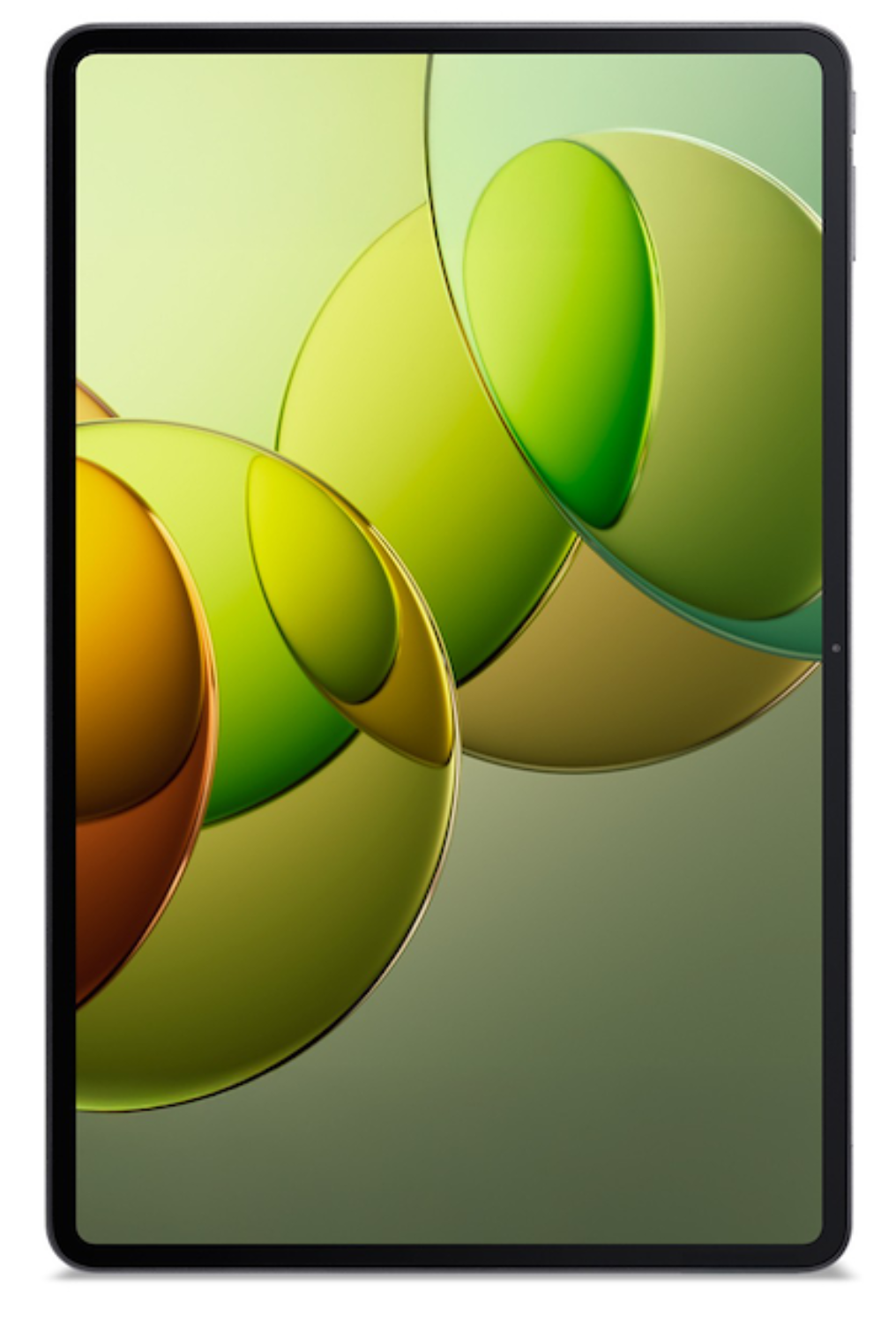 Una tableta que muestra un fondo abstracto y colorido en tonos verdes y naranjas.