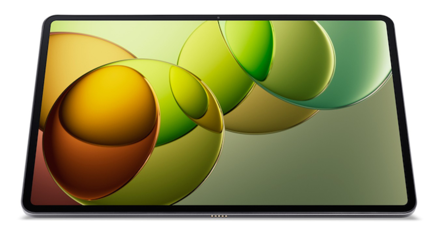 Una tablet con un fondo abstracto en tonos amarillos y verdes.