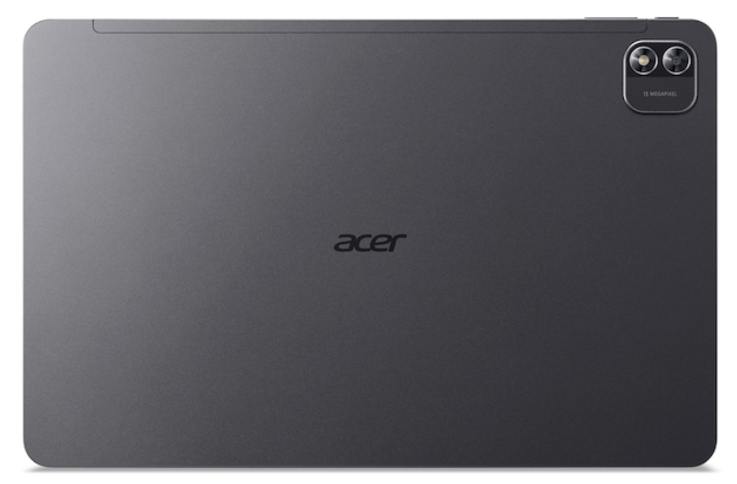 Parte posterior de una tableta Acer oscura con lente de doble cámara y logotipo de Acer.
