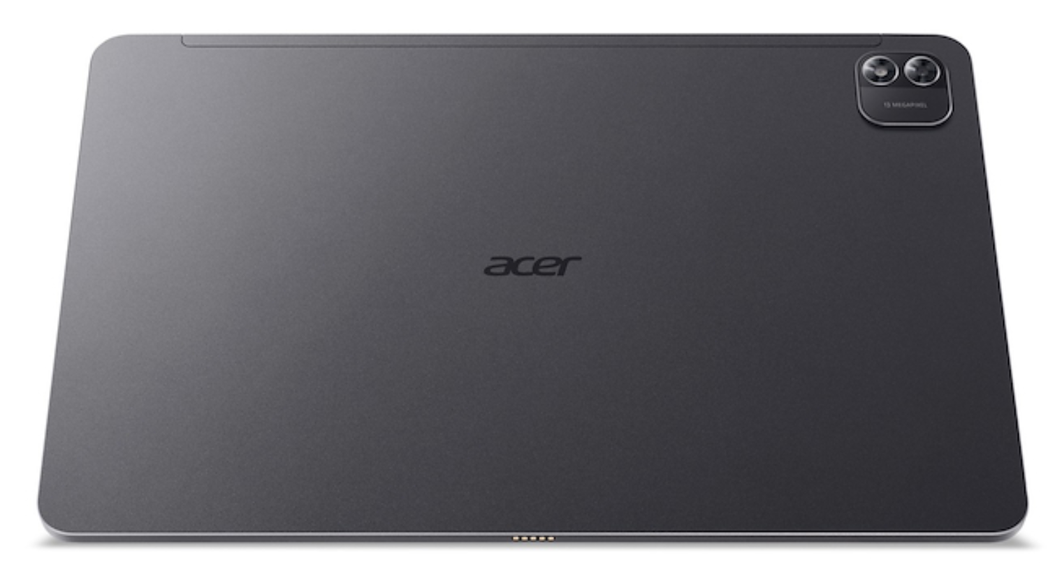 Reverso de una tableta Acer oscura con lentes de cámara duales y logo 'acer'.