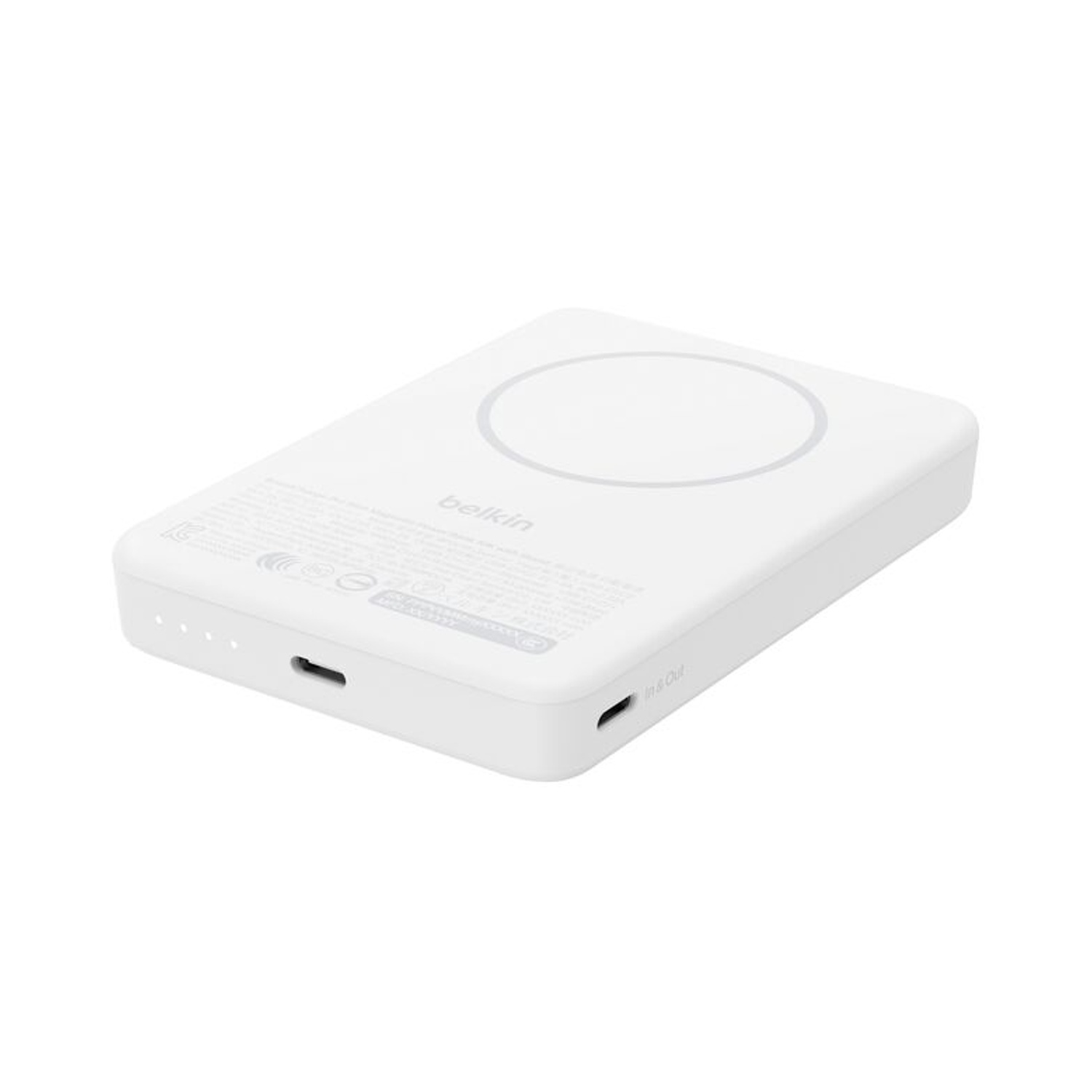 Un caricatore wireless bianco con logo Belkin e spie di carica.