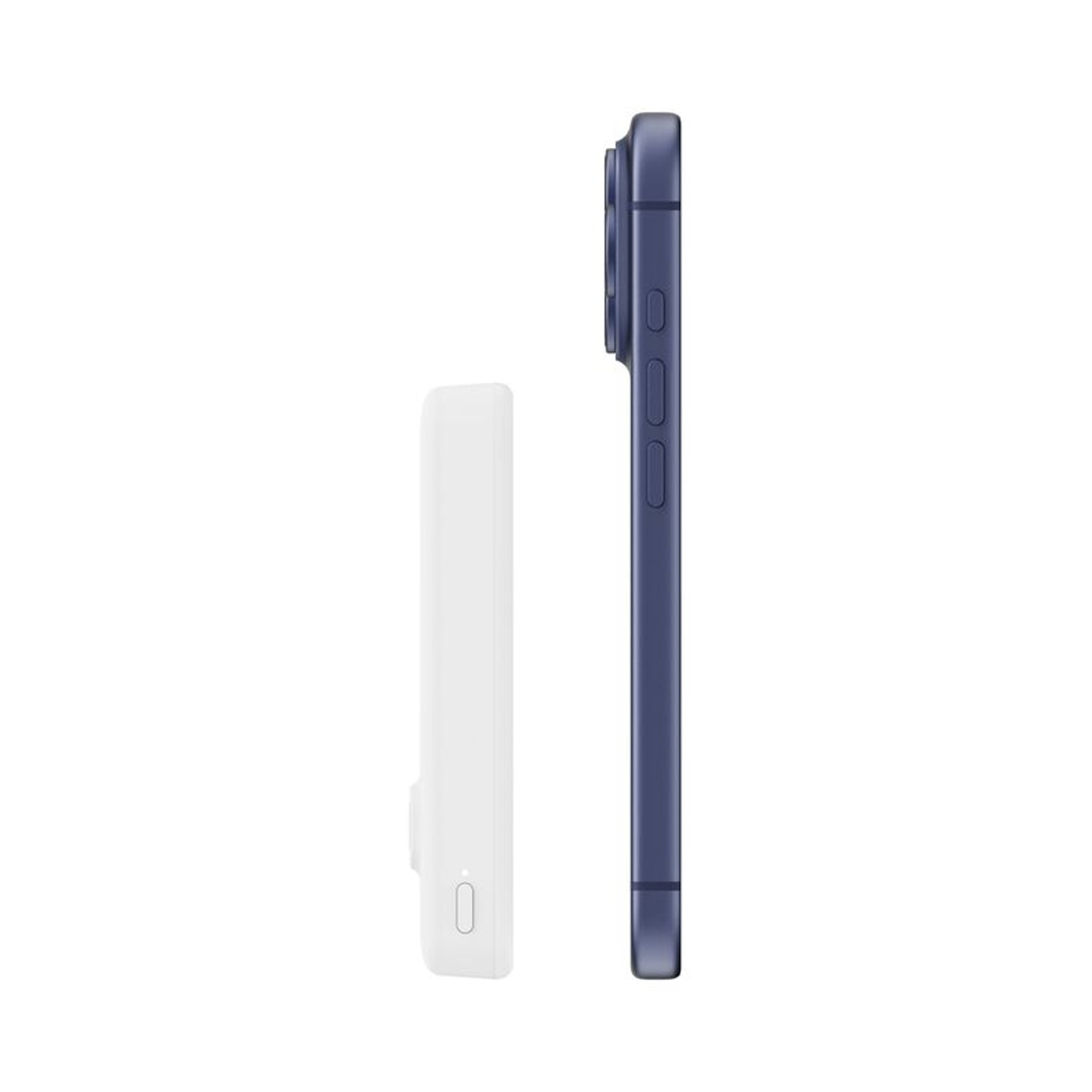 Un power bank bianco e uno smartphone blu uno accanto all'altro.