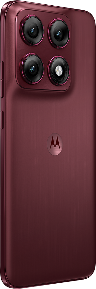Sötétvörös okostelefon négy kamerával és Motorola logóval a hátoldalon.