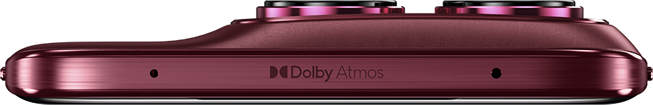 Sötétvörös okostelefon Dolby Atmos logóval és két gombbal a tetején.
