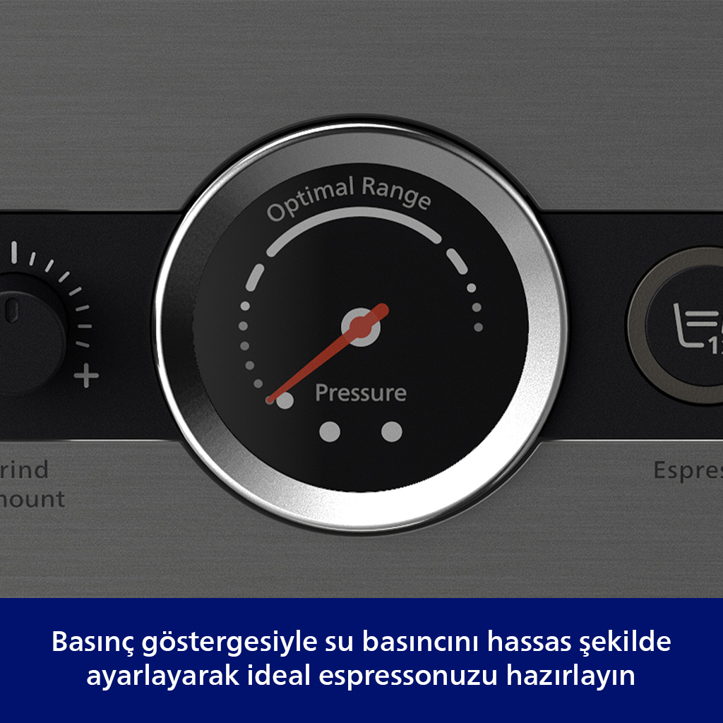 Kırmızı ibreli basınç göstergesi, espresso için en uygun aralığı gösterir.