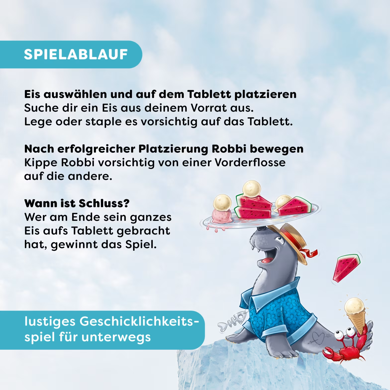 Egy fókakarakter egy tálca fagylaltot és görögdinnyét egyensúlyoz a fején.