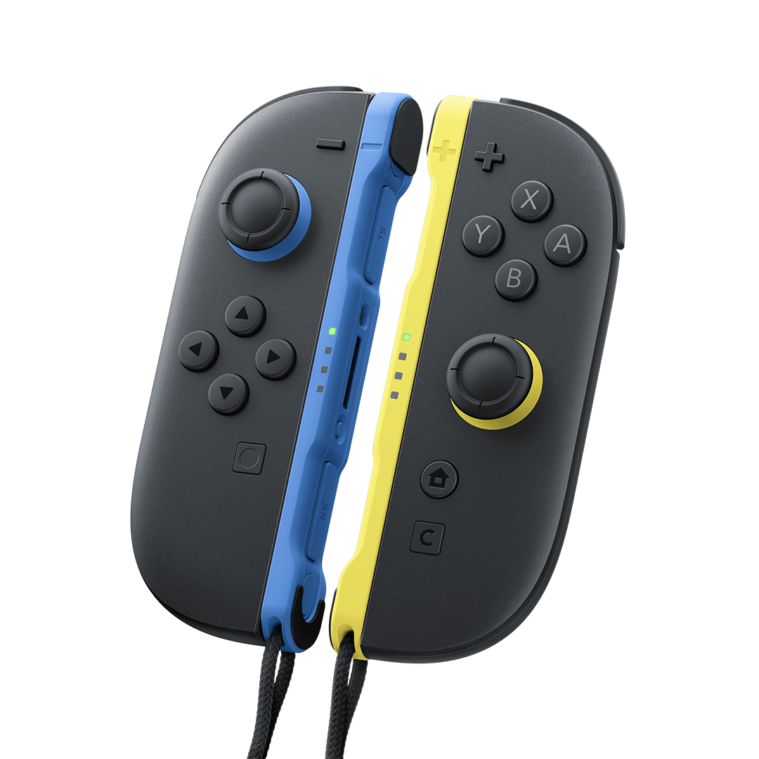 İki Nintendo Switch Joy-Con kontrol cihazı, soldaki mavi, sağdaki sarı, beyaz arka planda.