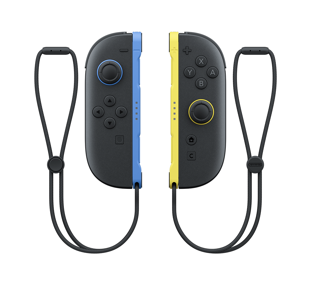 İki adet Nintendo Switch Joy-Con kumandası, sol mavi, sağ sarı, bilek kayışlı.