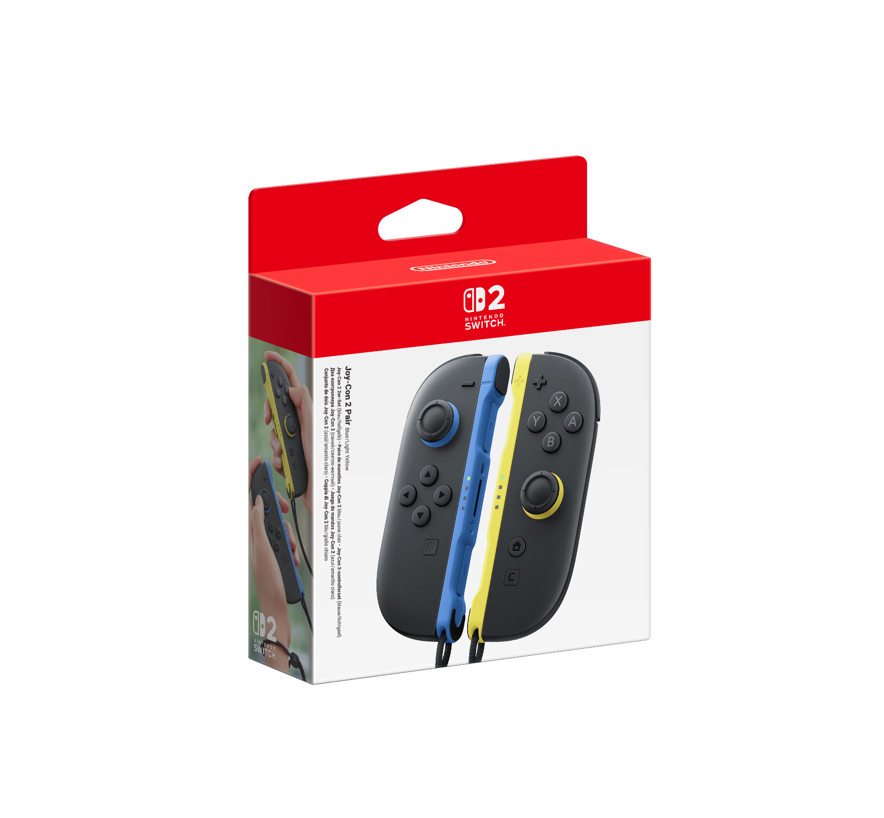 Nintendo Switch Joy-Con kontrolcüler mavi ve sarı renkte ambalajda.